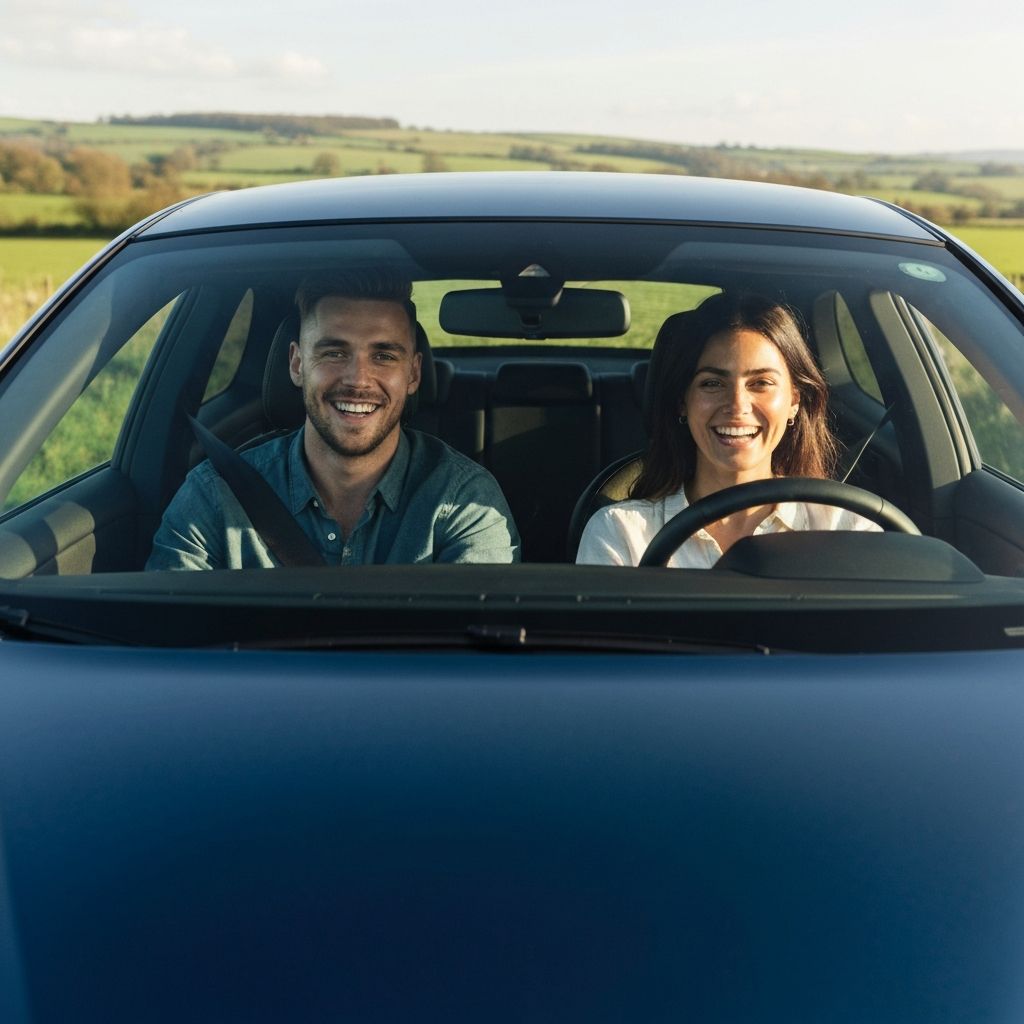 Happy couple enjoying their road trip